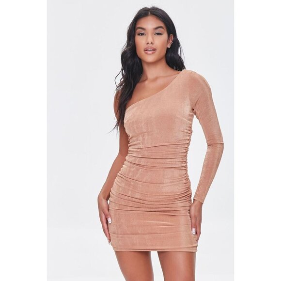 NWT Forever 21 Ruched One-Shoulder Dress‎ in Camel Size S - Picture 1 of 7